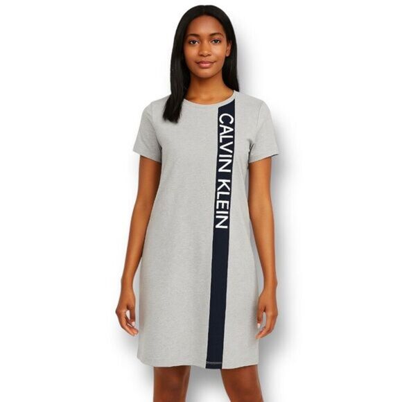 Calvin Klein M Gray Cotton Stretch Logo T-Shirt Dress Casual Shift Short Sleeve - Picture 1 of 8